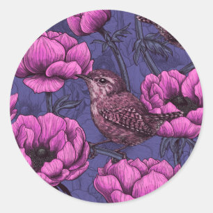Sticker Rond Wrens dans le jardin de l'anémone