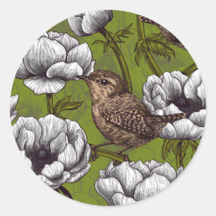 Sticker Rond Wrens in the white anemone garden