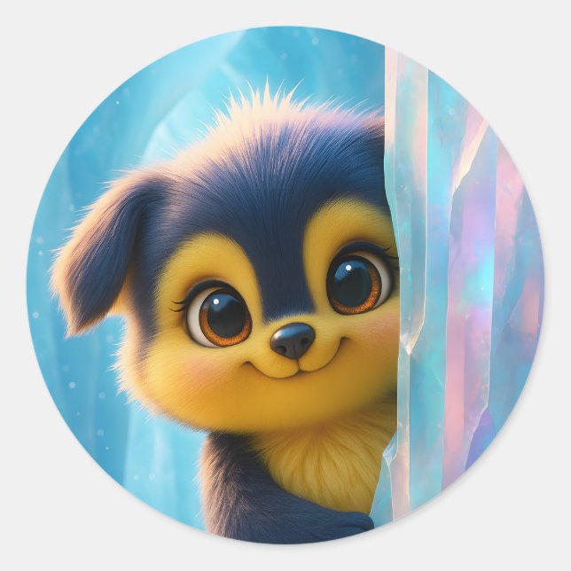 Sticker Rond Wuffoo Molli Mignon Kawaii Chien Grotte de glace (Devant)