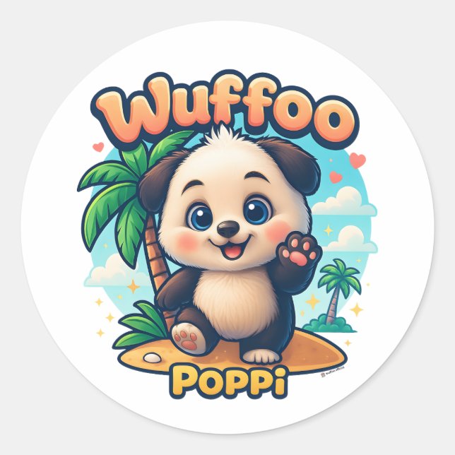 Sticker Rond Wuffoo Poppi Cute Kawaii Puppy Tropical Island (Devant)