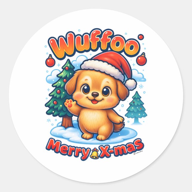 Sticker Rond Wuffoo Roony Merry X-mas Kawaii 3D Holiday (Devant)