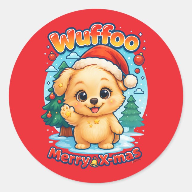 Sticker Rond Wuffoo Starssie Merry X-mas Kawaii 3D Holiday (Devant)