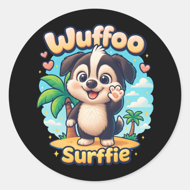 Sticker Rond Wuffoo Surffie Cute Kawaii Puppy Tropical Island (Devant)