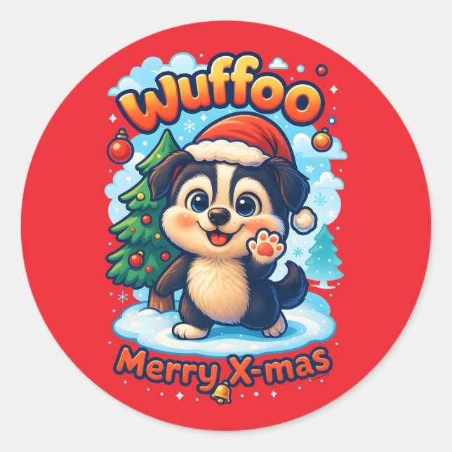 Sticker Rond Wuffoo Surffie Merry X-mas Kawaii 3D Holiday (Devant)