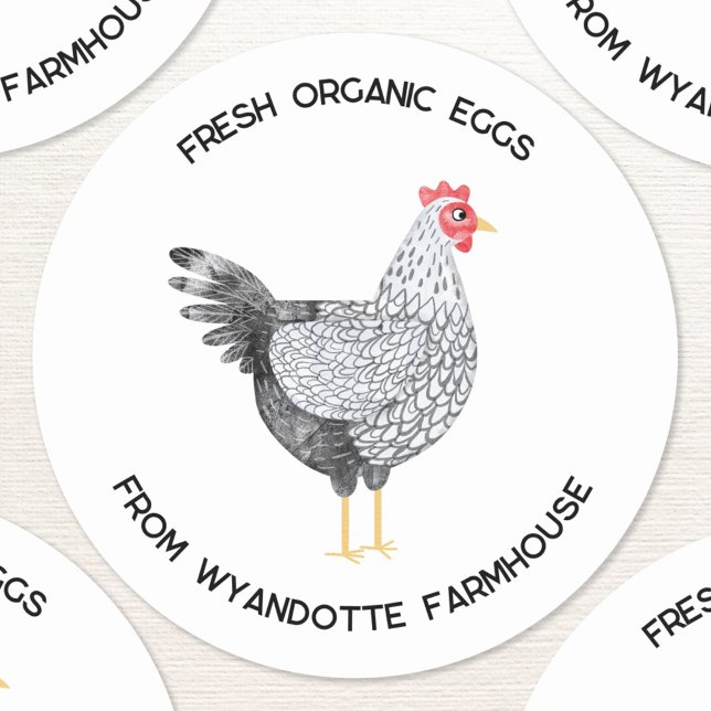 Sticker Rond Wyandotte Poulet Frais Oeufs Bio Ferme (Fresh Organic Eggs custom text farm stickers featuring a watercolor painting of a Wyandotte chicken )