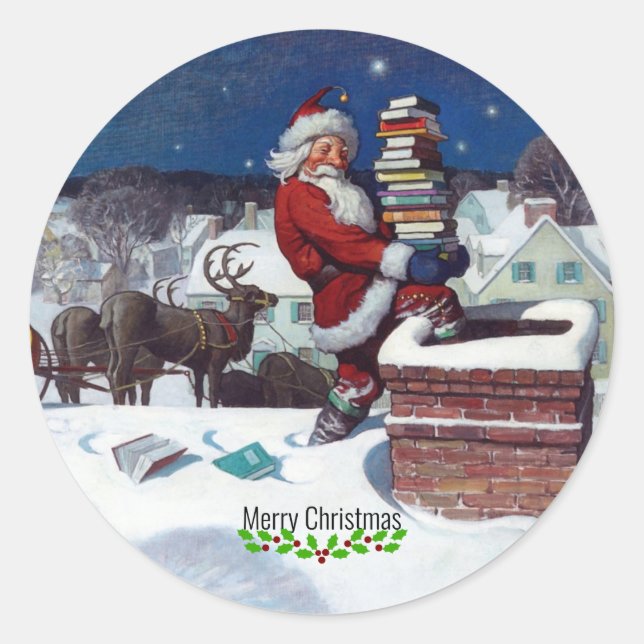 Sticker Rond Wyeth - Père Noël Livrant des livres pour Noël. (Devant)