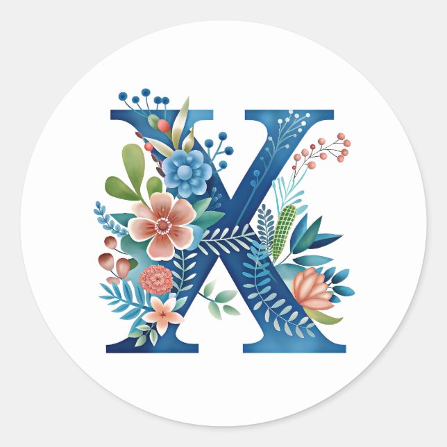 Sticker Rond X, monogramme bleu avec fleurs, généré par l'IA, (Devant)