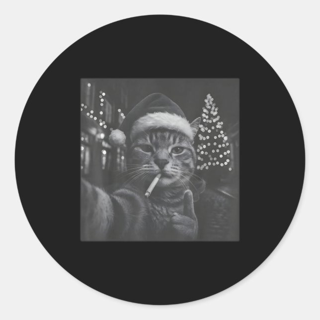 Sticker Rond Xmas Funny Smoking Cat Cigarette Kitty Gen Z Meme  (Devant)