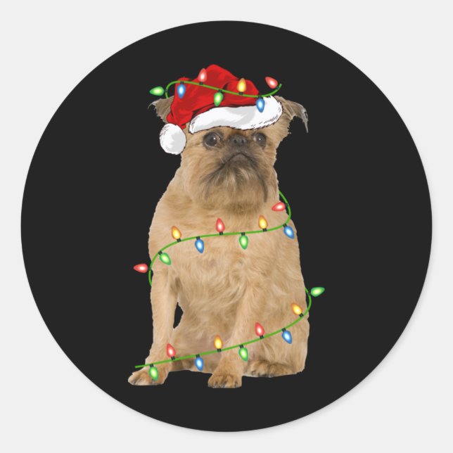 Sticker Rond Xmas Lights Santa Hat Brussels Griffon Dog Christm (Devant)