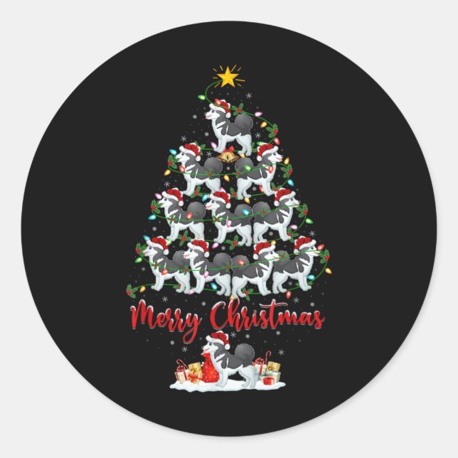Sticker Rond Xmas Lights Santa Siberian Husky Dog Christmas Tre (Devant)