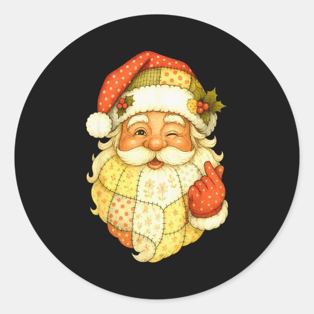 Sticker Rond Xmas Patchwork Santa Claus Christmas Funny Mens Wo (Devant)