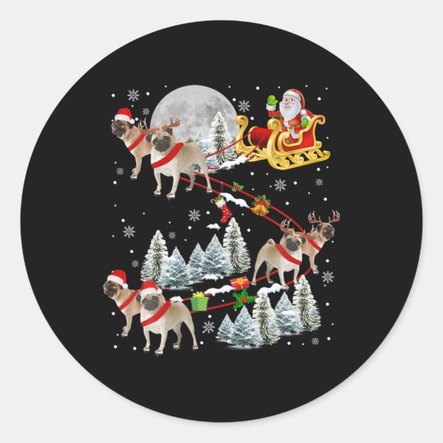 Sticker Rond Xmas Pug Sledge Christmas Sledge Santa Dog  (Devant)