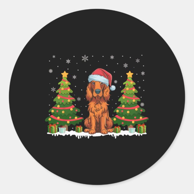 Sticker Rond Xmas Tree Light Irish Setter Chien Santa Hat Chris (Devant)