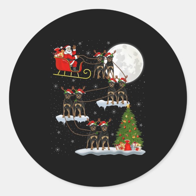 Sticker Rond Xmas Tree Lights Funny Santa Riding Rottweiler Dog (Devant)