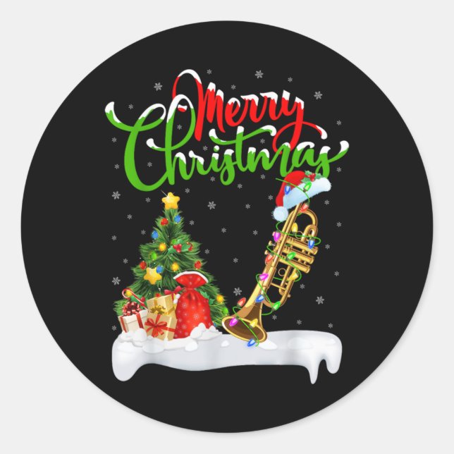 Sticker Rond Xmas Tree Lights Santa Hat Musical Trumpet Christm (Devant)