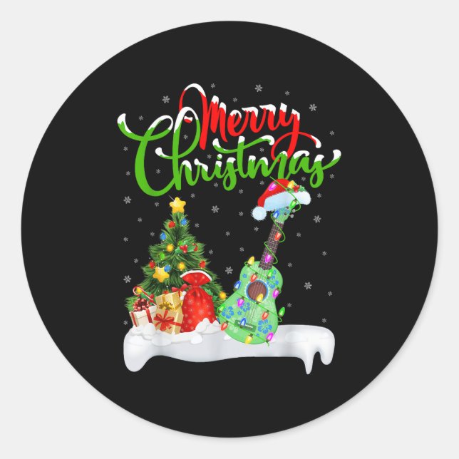 Sticker Rond Xmas Tree Lights Santa Hat Musical Ukulele Guitar  (Devant)