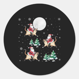 Sticker Rond Xmas Tree Père Noël équitation Siamese Chat drôle