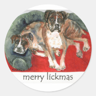 Sticker Rond xmas watercolor boxer dogs merry lickmas