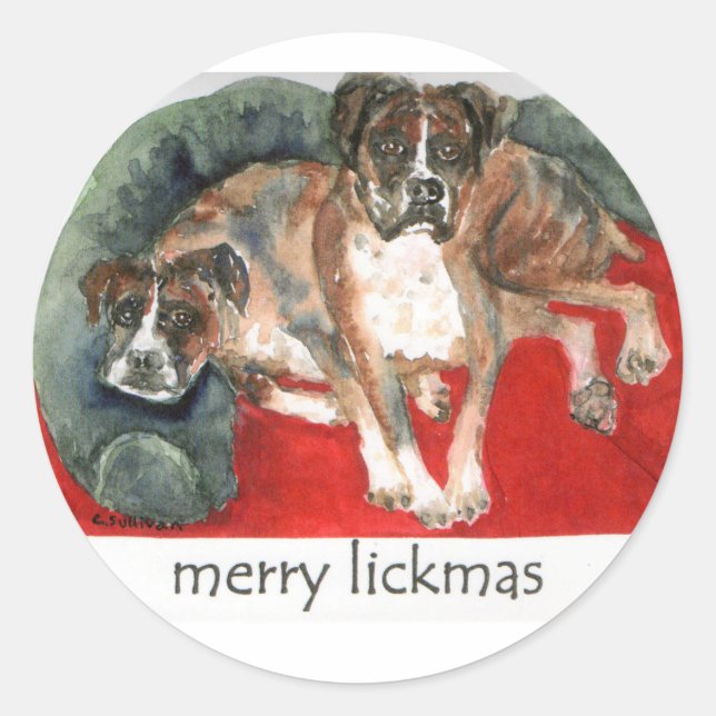 Sticker Rond xmas watercolor boxer dogs merry lickmas (Devant)