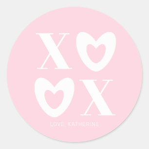 Sticker Rond XOXO coeurs rose et blanc typographie girly mignon