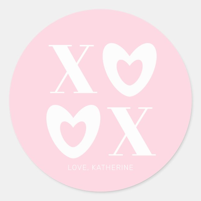 Sticker Rond XOXO coeurs rose et blanc typographie girly mignon (Devant)