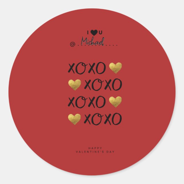 Sticker Rond "XOXO" Gold Hearts Heureuse Sainte-Valentin Rouge (Devant)
