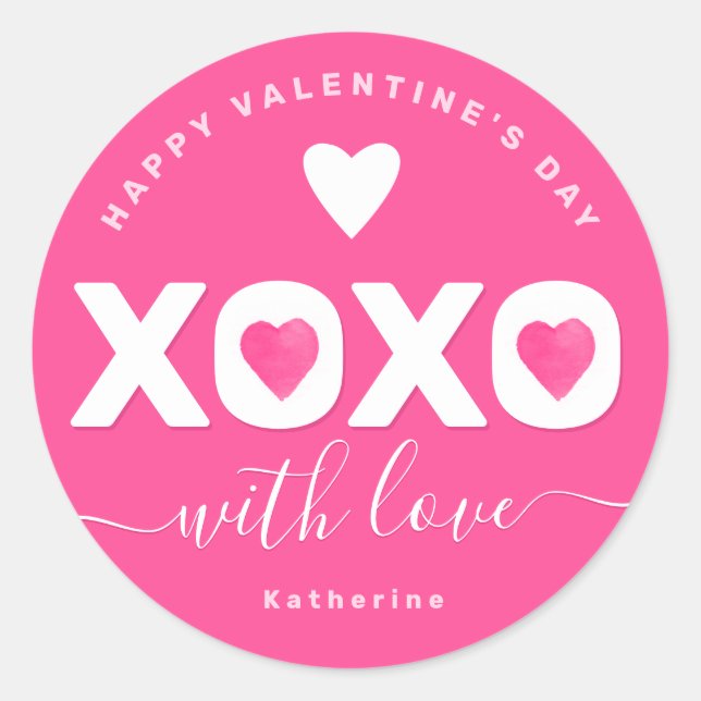 Sticker Rond XOXO Rose Blanc Saint Valentin Votre nom Personnal (Devant)