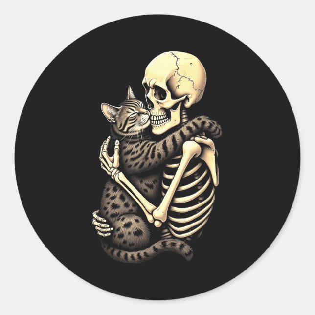 Sticker Rond Y Skeleton Hugging Cat Halloween Lovers Human Pro  (Devant)