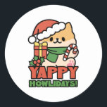 Sticker Rond Yappy Howlidays - Jote Christmas Dog Cartoon<br><div class="desc">Fêtez la saison festive avec notre design "Yappy Howlidays" ! Parfait pour les t-shirts,  accessoires et déco maison. Idéal pour les amoureux de les chiens qui aiment répandre la joie des vacances. #ChristmasDog #HolidayVibes #FestiveDogArt #YappyHowlidays #CuteDogDesign #ChristmasGifts #HolidayDecor #PetLovers #WinterVibes #DogLovers #WinterDog #HolidayVibes #HolidayDog #HolidaySeason</div>