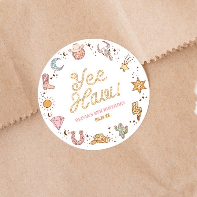 Sticker Rond Yee Haw ! Western Disco Cowgirl fête d'anniversair (Créateur téléchargé)