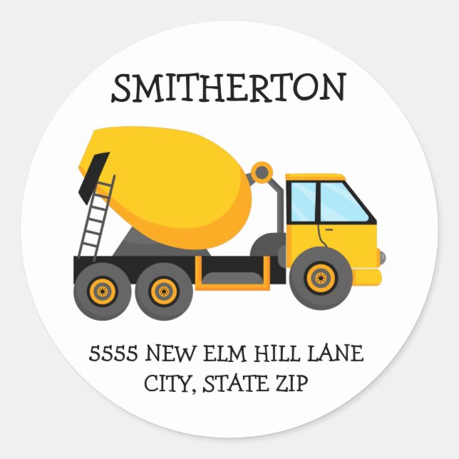 Sticker Rond Yellow Cement Camion Enfant's Birthday Party Adres (Devant)