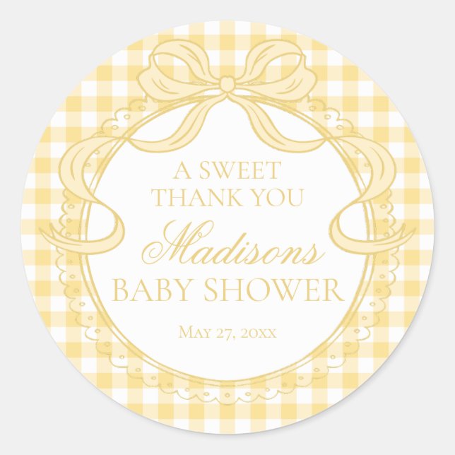Sticker Rond Yellow Gingham Coquette Bow Baby Shower Favor (Devant)