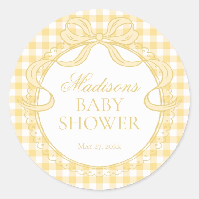 Sticker Rond Yellow Gingham Coquette Bow Baby Shower Seal (Devant)