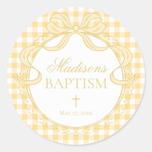 Sticker Rond Yellow Gingham Coquette Bow Baptism Envelope Seal (Devant)