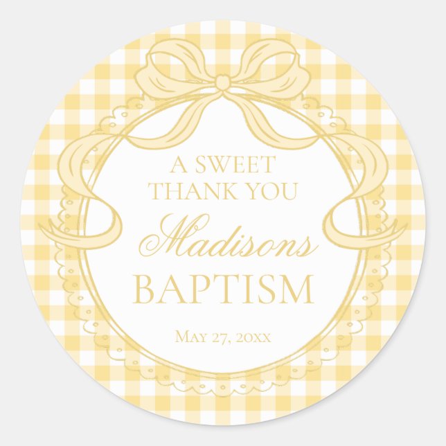 Sticker Rond Yellow Gingham Coquette Bow Baptism Favor (Devant)
