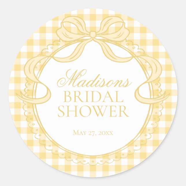 Sticker Rond Yellow Gingham Coquette Bow Bridal Shower Seal (Devant)