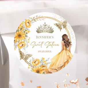 Sticker Rond Yellow Gold Girl Princess Tiara Floral Sweet 16