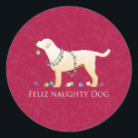 Sticker Rond Yellow Lab Christmas Feliz Naughty Chien<br><div class="desc">Laboratoire jaune et conception de Noël de laboratoire blanc. Cette silhouette de vue latérale peut également représenter : Lab, Yellow Lab, Black Lab, Chocolate Lab, White Lab, Labrador Retriever, Chessy, Chessie, Chesapeake, Chesapeake Bay Retriever, Rhodesian, Ridgeback, Curly Retriever, Curly Coated Retriever, Beauceron, Austrian Pinscher, Akbash, Blue Lacy, Chinook Cur de...</div>