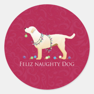 Sticker Rond Yellow Lab Christmas Feliz Naughty Chien