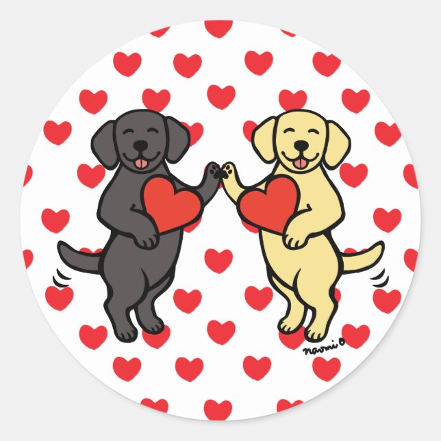 Sticker Rond Yellow Labrador and Black Labrador Valentine (Devant)