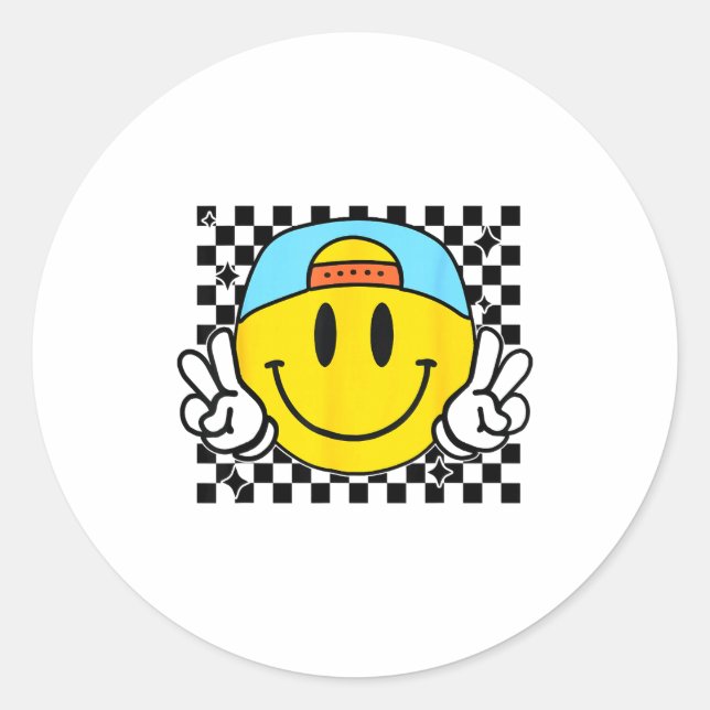 Sticker Rond Yellow Smile Face Cute Checkered Peace Smiling Hap (Devant)