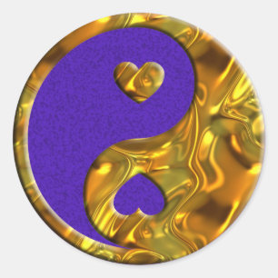 Sticker Rond Yin & Yang / Coeurs or   éclaboussure violette