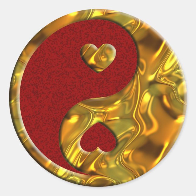 Sticker Rond Yin & Yang / Coeurs or | tache rouge foncé (Devant)