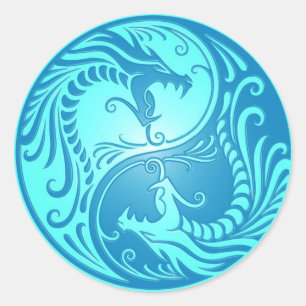 Sticker Rond Yin Yang Dragons, bleu clair