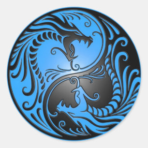 Sticker Rond Yin Yang Dragons, bleu et noir
