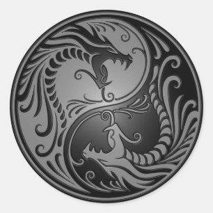 Sticker Rond Yin Yang Dragons, gris et noir