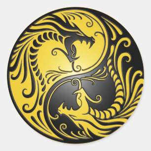 Sticker Rond Yin Yang Dragons, jaune et noir