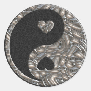 Sticker Rond Yin & Yang / Hearts SILVER   éclaboussure noire