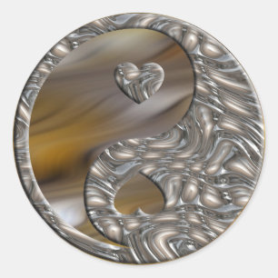 Sticker Rond Yin & Yang / Hearts SILVER   ondes jaunes foncées
