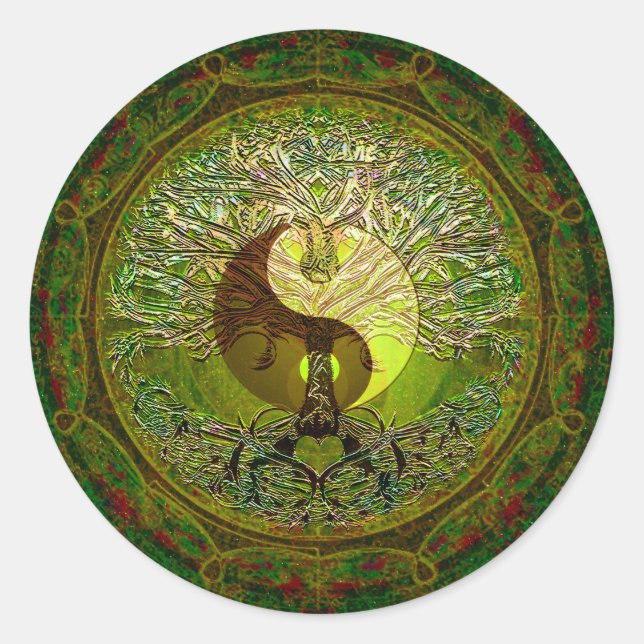 Sticker Rond Yin Yang Mandala vert avec arbre de vie (Devant)